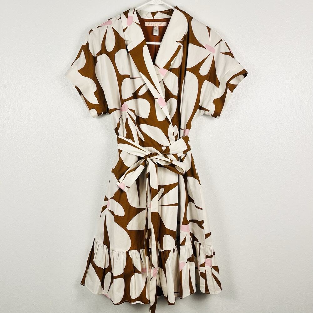Anthropologie Hutch Brown Floral Wrap Mini Dress with Cream & Pink Accents - Picture 2 of 7